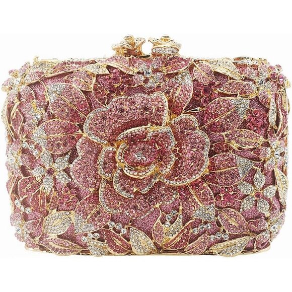 Handcrafted Rhinestone Evening Purse - Pink Floral Clutch for Parties & Weddings